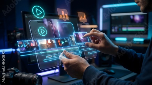 Digital content creation workflow with glowing interface elements and a focused professional using advanced editing software for social media marketing and video production.