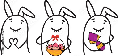 Happy Easter minimalist doodle characters gifting chocolate eggs