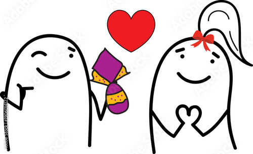 Happy Easter minimalist doodle characters gifting chocolate eggs