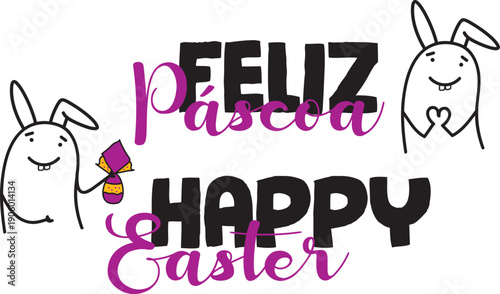 Happy Easter message with minimalist doodle characters in costumes