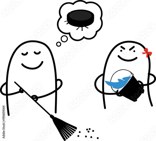 Funny minimalist doodle man dreaming of robot vacuum and woman waking him