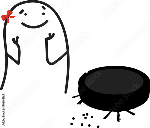 Minimalist doodle woman loving her robot vacuum cleaning the house