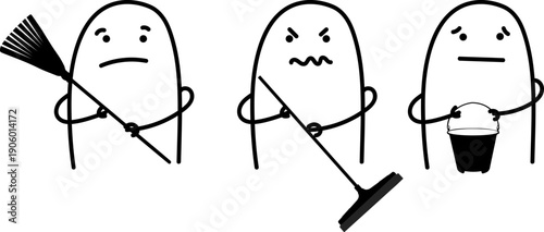 Minimalist doodle sad character holding mop, bucket and broom