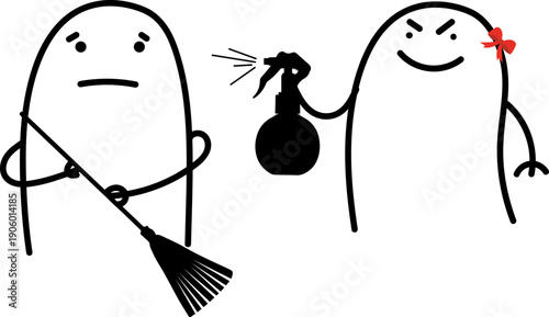 Funny minimalist doodle man sweeping while woman sprays water