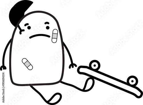 Funny minimalist doodle skate boy injured after falling from skateboard 