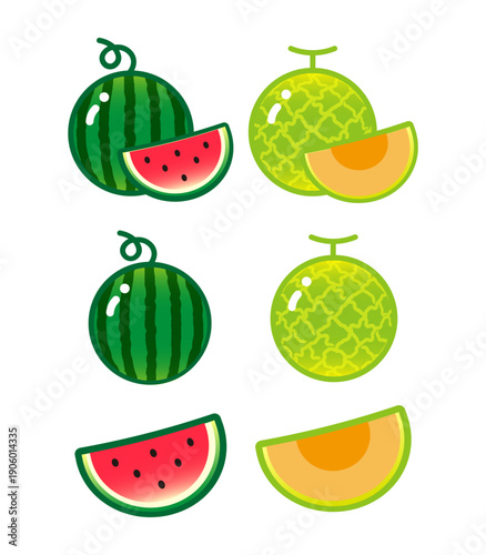 いろいろなスイカとメロンのイラスト素材（まるごと・カットフルーツ）