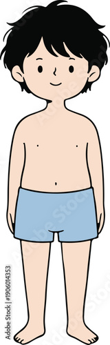 Young boy in blue trunks, minimalist anime-style vector illustration