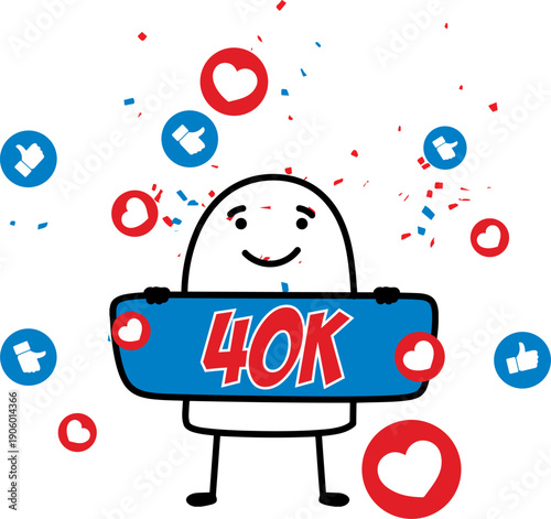 Minimalist doodle character celebrating 40k followers with likes
