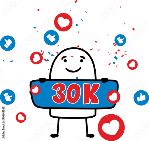Minimalist doodle character celebrating 30k followers with likes
