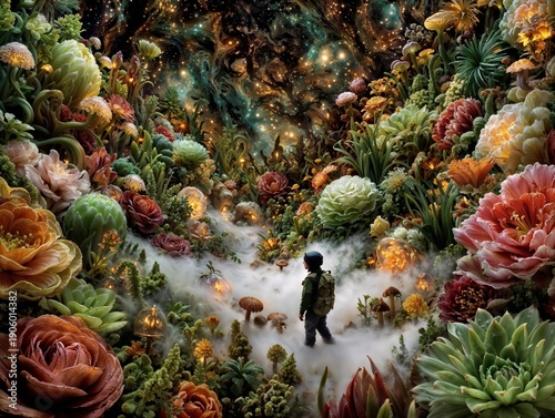 Tiny Explorer In Surreal Garden With Giant Flowers And Cosmic Sky