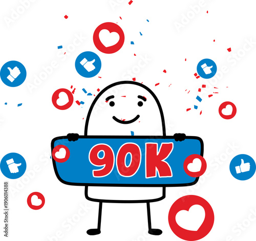Minimalist doodle character celebrating 90k followers with likes