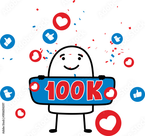 Minimalist doodle character celebrating 100k followers with likes