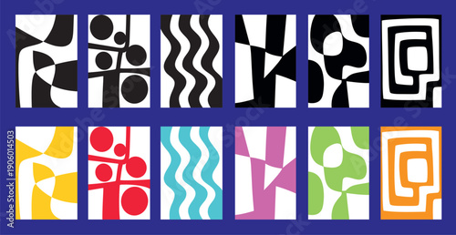 Modern abstract geometric illustration set with bold organic shapes, mid-century inspired design, vibrant color variations, perfect for posters, branding, covers, and contemporary decor.