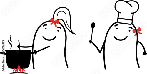 Minimalist doodle female chefs cooking on stove with pans