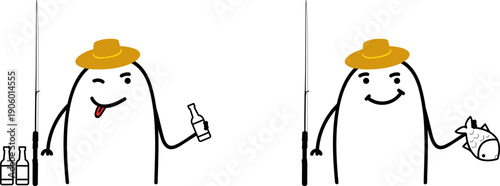 Minimalist doodle man fishing and drinking beer relaxed