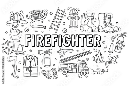 Doodle illustration of firefighter equipment and safety gear elements