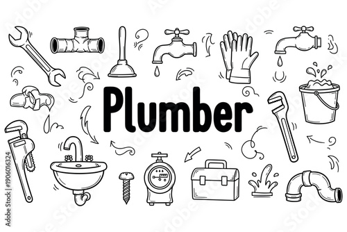 Plumber tools and equipment doodle collection with various plumbing icons