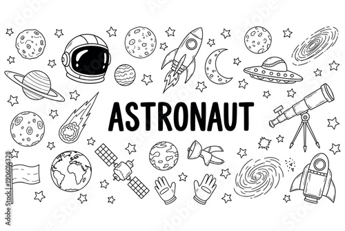 Space elements: astronaut, planets, rocket, telescope, ufo, stars, cosmic icons