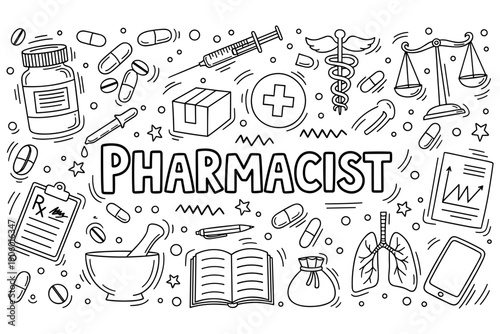 Pharmacist tools and symbols: bottles, pills, mortar, caduceus, scales