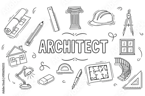 Architectural tools and symbols sketch: blueprints, compass, helmet, ruler, house designs