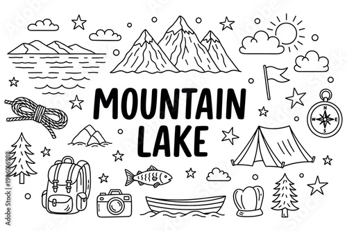 Mountain lake adventure doodles: camping, hiking, and nature elements