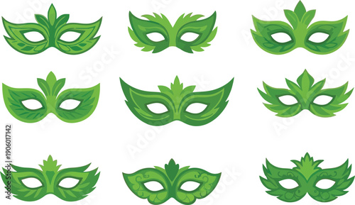 Collection of green leaf-themed masquerade masks for festive occasions
