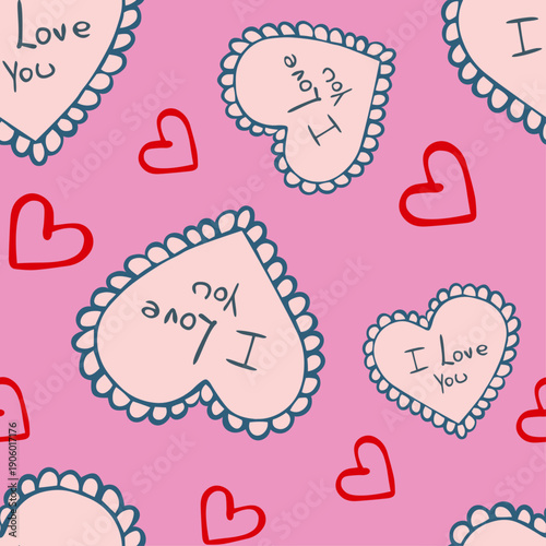 Sweet Valentine Repeat Pattern with Hearts and Love Quotes, Hand Drawn Romantic Background for Stationery and Packaging Design