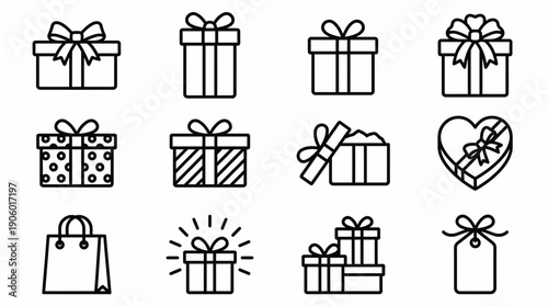 Set of outline vector icons depicting various closed and open gift boxes, shopping bags and heart-shaped presents, concept for web design, promotions and marketing