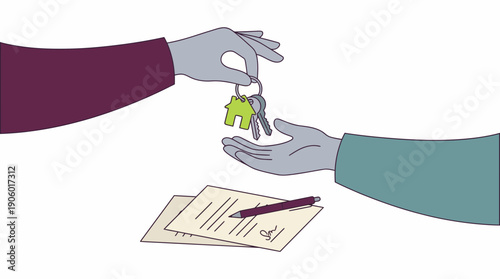 Two hands exchanging house keys with a green charm above signed documents and a pen, symbolizing property transfer, concept for real estate advertising, contract signing and ownership transfer