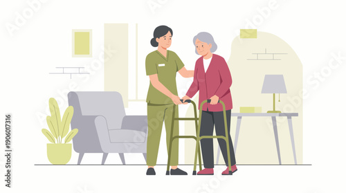 Professional caregiver assists senior patient with a walker in a light interior, concept for geriatric care support, medical services and rehabilitation center branding