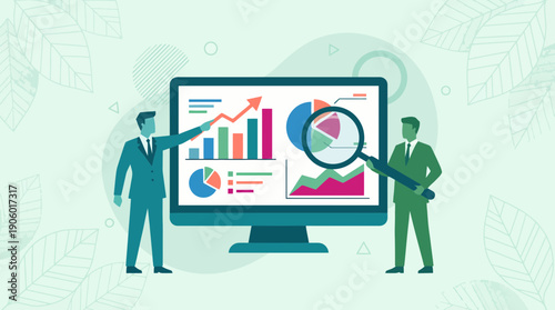 Two financial managers analyze data visualization graphs on a monitor with a magnifying glass, concept for market research, financial reporting and business strategy development