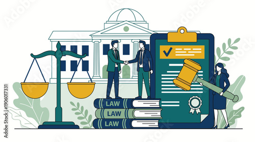Business executives shaking hands on law books with justice scale and a contract document in front of a court building, concept for litigation, agreement and legal advice
