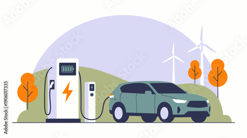 Electric vehicle charges at roadside station powered by wind turbines on a green hill, concept for clean energy infrastructure, ecological travel and automotive advertising