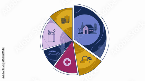 Flat design pie chart illustrating personal finance categories like housing, transport, food and medical expenses, concept for budgeting presentation, investment reports and financial literacy