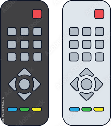 Dual TV remote controllers, flat line art vector illustration