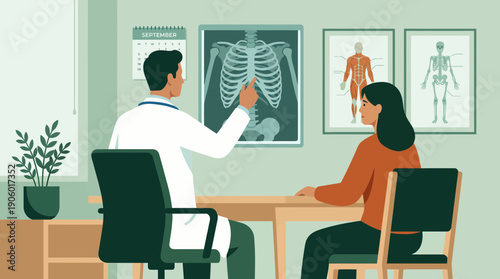 Physician pointing at an X-ray showing skeleton bones during consultation with a female patient, concept for medical diagnosis, patient appointment and anatomy illustration