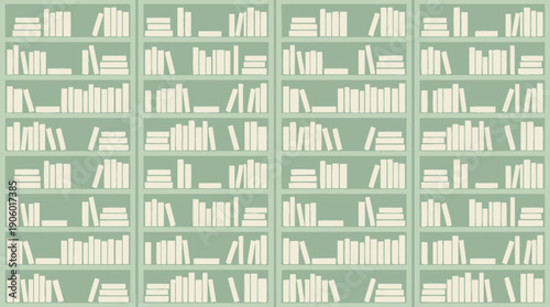 Seamless pattern illustration of vintage bookshelves packed with various cream-colored books on a sage green background, concept for education, literature background and academic resources