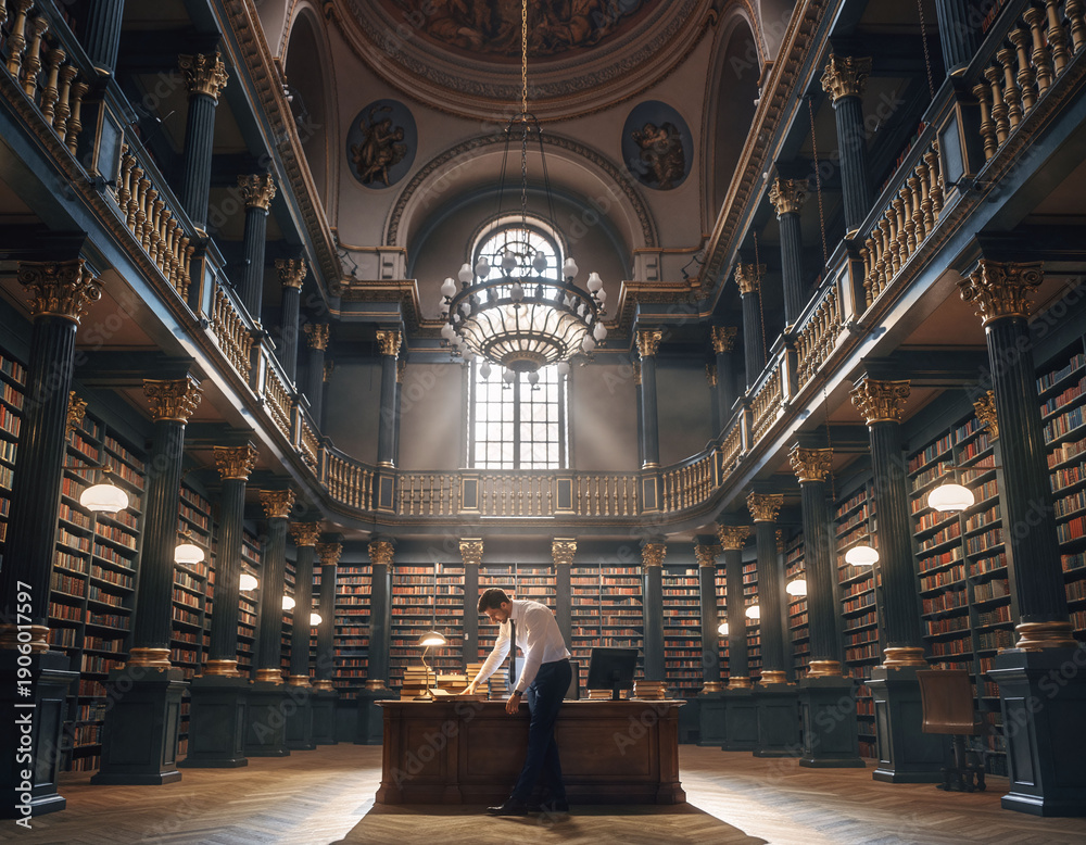 Fototapeta premium Professional man researching in a grand, historic library with towering bookshelves and ornate architecture. Represents wisdom, academic excellence, and the pursuit of knowledge.