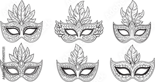 Collection of six ornate masquerade masks with intricate patterns and elegant feather designs, ideal for festive occasions