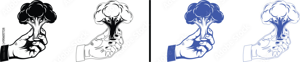 Fototapeta premium hand holding broccoli icon isolated on white background, black and blue vector illustration of fresh vegetable for healthy diet, nutrition, and organic food concepts.