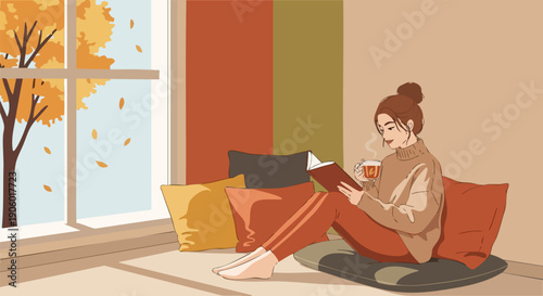 Cozy autumn scene vector illustration with woman reading book by window, fall leaves, warm colors, and decorative pillows