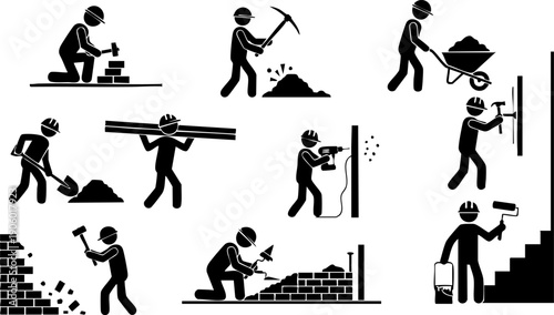 Construction worker vector icons set. Builder, laborer, handyman black silhouette pictograms with tools, bricklaying, digging, painting, isolated on white