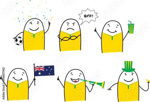 Minimalist doodle Australia soccer fans in five poses happy sad holding popcorn waving Australia flag blowing horn and cheering with whistle