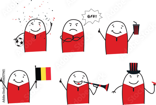 Minimalist doodle Belgium soccer fans in five poses happy sad holding popcorn waving Belgium flag blowing horn and cheering with whistle