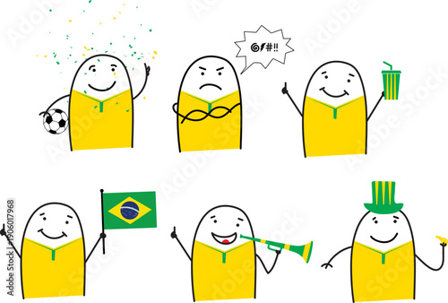 Minimalist doodle Brazil soccer fans in five poses happy sad holding popcorn waving Brazil flag blowing horn and cheering with whistle