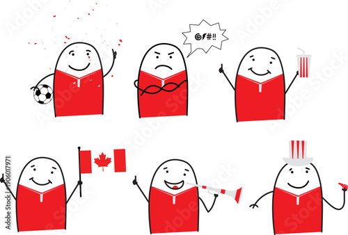 Minimalist doodle Canada soccer fans in five poses happy sad holding popcorn waving Canada flag blowing horn and cheering with whistle