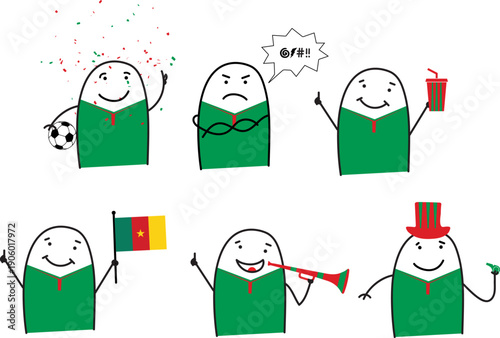 Minimalist doodle Cameroon soccer fans in five poses happy sad holding popcorn waving Cameroon flag blowing horn and cheering with whistle