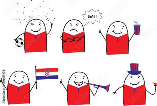 Minimalist doodle Croatia soccer fans in five poses happy sad holding popcorn waving Croatia flag blowing horn and cheering with whistle