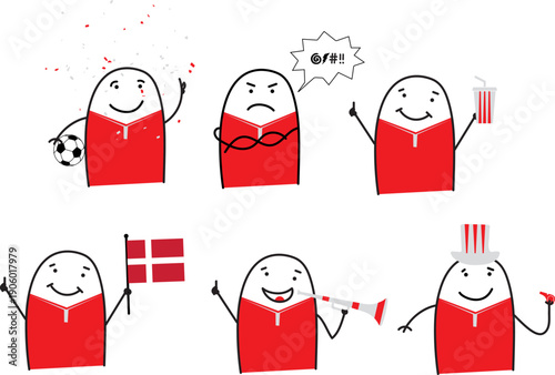 Minimalist doodle Denmark soccer fans in five poses happy sad holding popcorn waving Denmark flag blowing horn and cheering with whistle