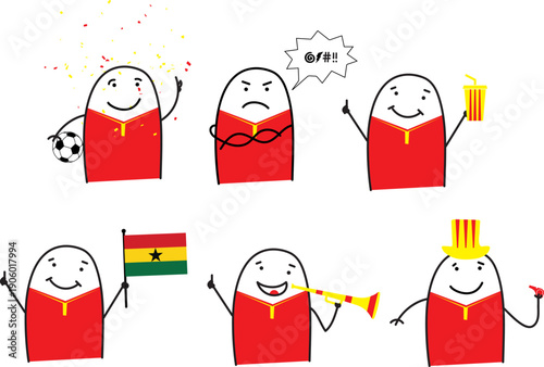 Minimalist doodle Ghana soccer fans in five poses happy sad holding popcorn waving Ghana flag blowing horn and cheering with whistle